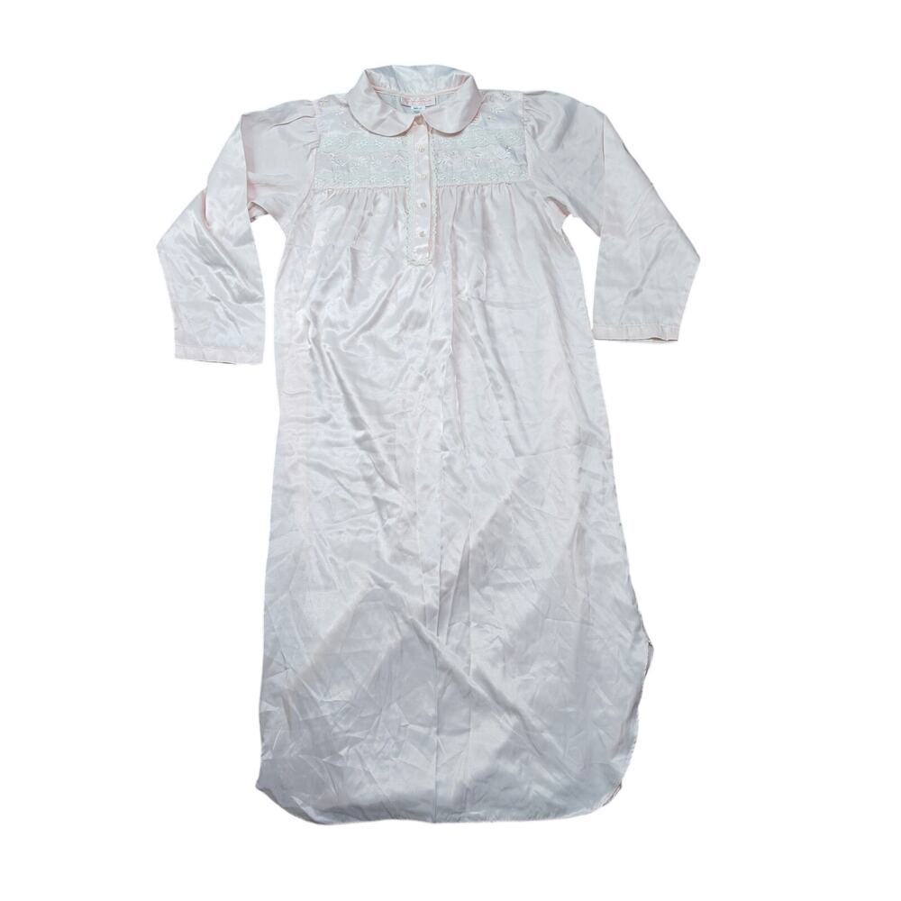 Vintage Oscar de la Renta Pink Label Shiny Pink Embroidered Modest Nightgown M